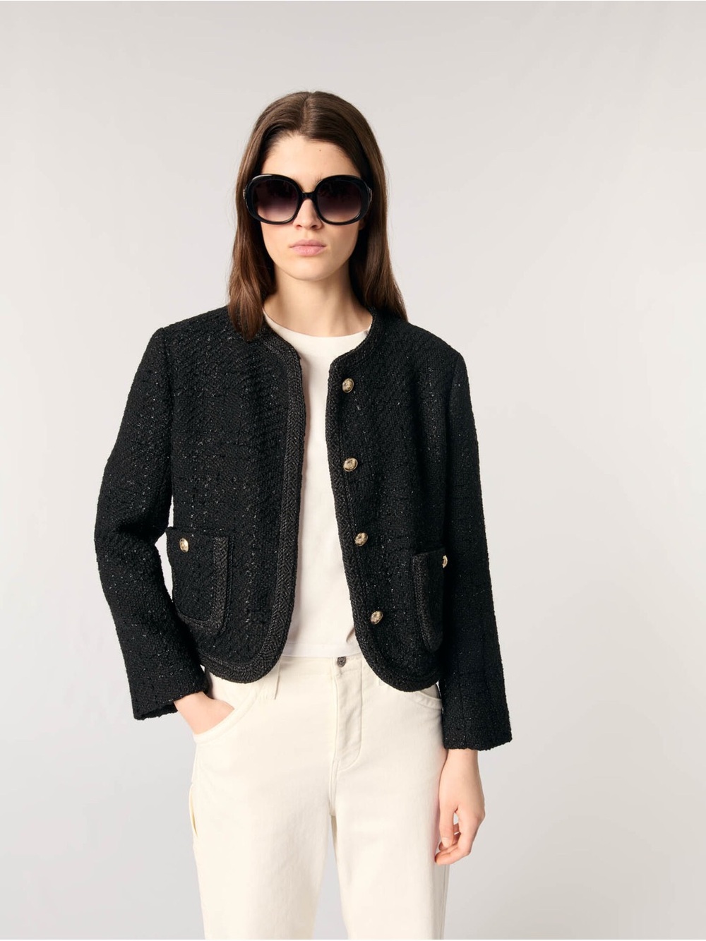Maje Black Tweed Collarless Jacket